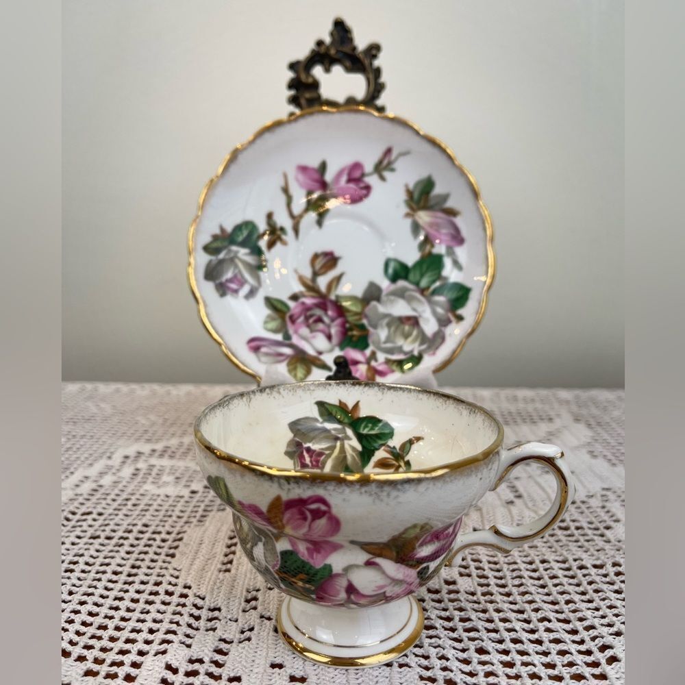 Vintage ROSINA Pink and White Magnolia Bone China footed Teacup & Saucer